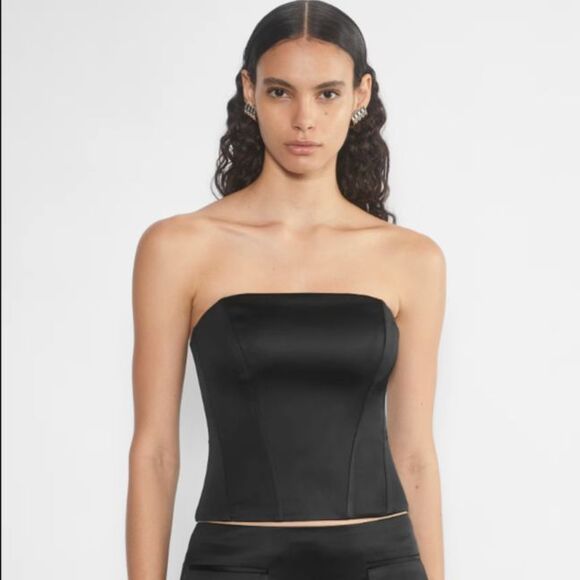 Aritzia Ten Castle Black Satin Bustier Corset Top S Boning Full Zip Strapless - Picture 1 of 13